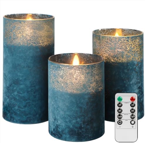 Blue Flameless Candles with Remote Ocean Glass LED Pillar Candles Set of 3 by LetHOURlivenupyourroom
