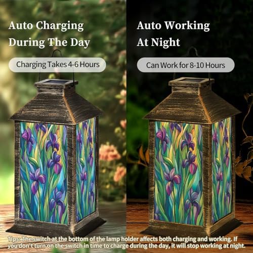 Solar Lantern Irises Hand Cut Stained Glass Purple Green Blue Leaves Organic Outdoor Waterproof Garden Hanging Lantern Solar Powered Lighting Outside Table Lamp for Patio Deck Camping 1 Pack - Image 3