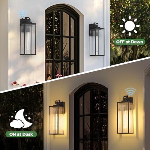 DORESshop 18 Inch Large Size Dusk to Dawn Outdoor Wall Lights, Matte Black Waterproof Anti-Rust Outdoor Light Fixtures Wall Mount with Clear Glass Shade for Porch, Garage, Doorway, 2 Pack - Image 4