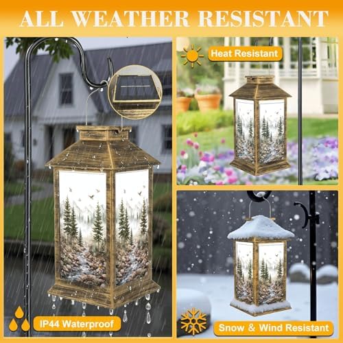 Solar Lantern Outdoor Waterproof Green Forest Woodland Nursery Room Pine Trees Mountains Fog Birds Garden Decor LED Solar Lights Hanging/Tabletop Lamp Gifts for Women Mom for Outside Yard Patio - Image 3