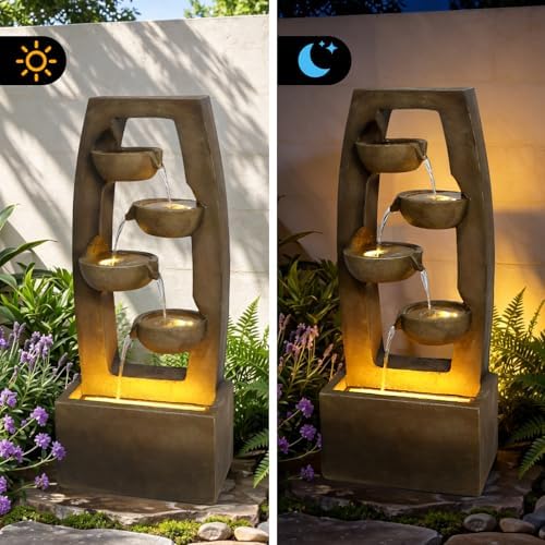 37.6" Modern 4-Bowl Outdoor Water Fountain with LED Lights and Pump, Floor Standing Waterfall Feature Outdoor Garden Fountain for Garden, Patio, Porch, Yard and Backyard Decor, Brown - Image 5