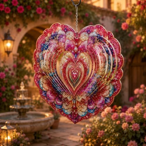 Shwing 12 Inch Wind Spinner Heart Floral Hanging Decor Romantic Valentine Metal Ornament Double Sided Outdoor Kinetic Garden Art 3D Wind Spinner for Patio Porch Balcony Backyard Tree Decoration - Image 7