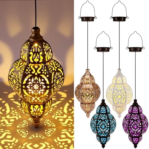 Aurelema 4 Pcs Hanging Solar Lights Moroccan Outdoor Decor Solar Lantern Waterproof Metal Moroccan Decorations for New Year Thanksgiving Patio Pathway Yard Porch Backyard Garden by Aurelema