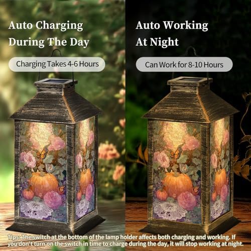 Solar Lantern Rustic Stained Glass Pumpkin Fall Butterfly Pumpkins Wildflower Outdoor Garden Hanging Lantern Waterproof Solar Powered Lighting Outside Table Lamp for Deck Yard Camping Patio Decor - Image 4