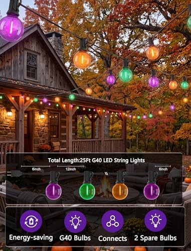 LED Outdoor String Lights 25Ft Orange Purple and Green Halloween Lights Outdoor with 27 Shatterproof LED Globe Bulbs, Connectable Halloween Decorations Lights for Home Patio Garden Christmas Party - Image 4