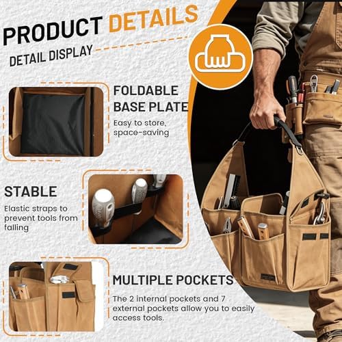 Tool Bag, 13.8-inch Heavy Duty Wide Mouth Water-Resistant Waxed Canvas Garden Bag with Reinforced Bottom for Tools, Wrenches, Screwdrivers | Khaki - Image 5