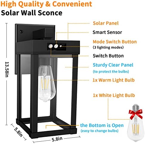Solar Wall Lights Outdoor with 3 Lighting Modes & Motion Sensor, Solar Porch Light with 2 Bulbs, Waterproof Outdoor Wall Sconce Lantern Light Fixture for Garage Porch Shed Barn Garden Yard Front Door - Image 5