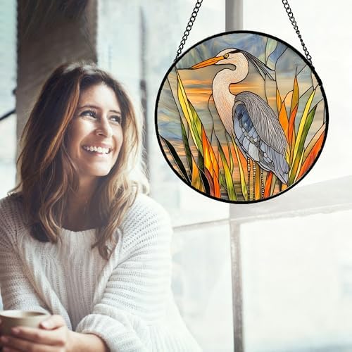 Stained Glass Window Hanging Retro Heron Bird Plant 9.8" - Suncatcher Door Garden Sunroom Sun Catcher Birthday New Year Christmas for Friend Mom Men Woman Nana - Image 3