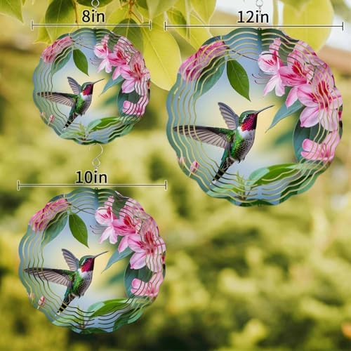 Wind Spinners for Yard Garden, Spring Hummingbird Flower Leaf 3D Stainless Steel Round Hanging Spinners Indoor Outdoor Kinetic Yard Art,12 Inch, Pastoral Pink Floral Bird - Image 2