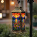 Solar Lantern Outdoor Waterproof Stained Glass Style Sunset Flower Garden Purple Red Yellow Blooms Garden Decor LED Hanging Solar Lights Tabletop Lamp Gifts for Women Mom Outside Yard Patio Porch by DERUINVAIO