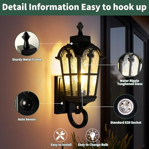 Motion Sensor Dawn to Dusk Outdoor Sensor Light Fixture Waterproof Porch Lights Anti-Rust Exterior Lighting Outdoor Wall Lantern Outside Wall Light for Patio Front Door Garden Garage -2 Pack - Image 2