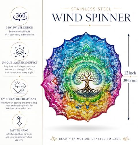 Shwing 12 Inch Wind Spinner Rainbow Tree of Life Hanging Decor Colorful Spiritual Metal Ornament Outdoor Kinetic Garden Art 3D Wind Spinner for Patio Porch Balcony Backyard Meditation Decoration - Image 2