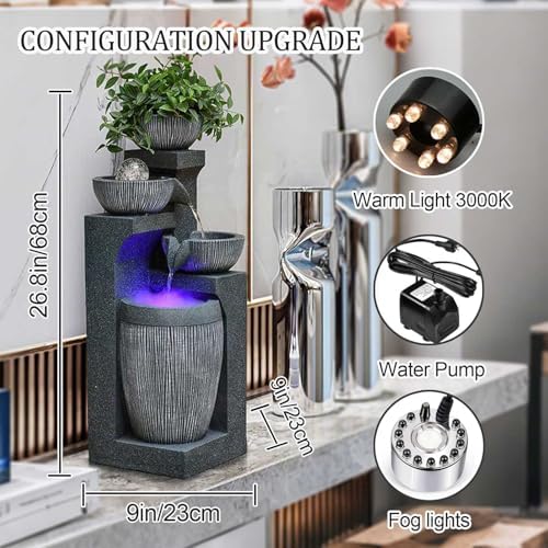 26.8" Tall Water Fountain Outdoor Garden, 4 Tiers Modern Cascading Bowls Water Fountain Outdoor Indoor Garden with LED Lights & Atomizer for Patio, Deck, Porch, Backyard Art Decor,C - Image 2