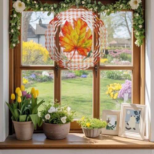 12 Inch Maple Leaves Fall Wind Spinner for Yard and Garden, Thanksgiving Checkered Farmhouse Art Hanging Ornaments Outdoor 3D Kinetic Wind Sculpture Spinners Indoor Outdoor Patio Décor Ornaments Gift - Image 5