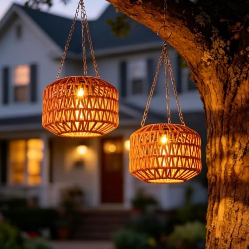 2 Pack Solar Hanging Lanterns Outdoor Waterproof, Solar Rattan Chandelier Outdoor with 7.75in Boho Lantern, Hanging Pendant Lights for Outside Tree, Patio Decor for Garden Gazebo Porch Backyard Gifts by ALLFORTUNE