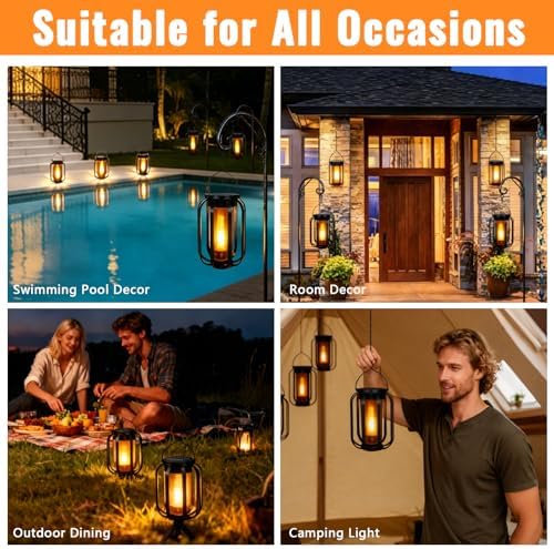2 Pack Solar Lantern Lights Outdoor Waterproof Flickering Flame Light, Solar Lights with Dual Charging (USB/Solar) & 4 Modes Hanging Camping Light for Yard Patio Path Tree Porch Garden Decoration - Image 3