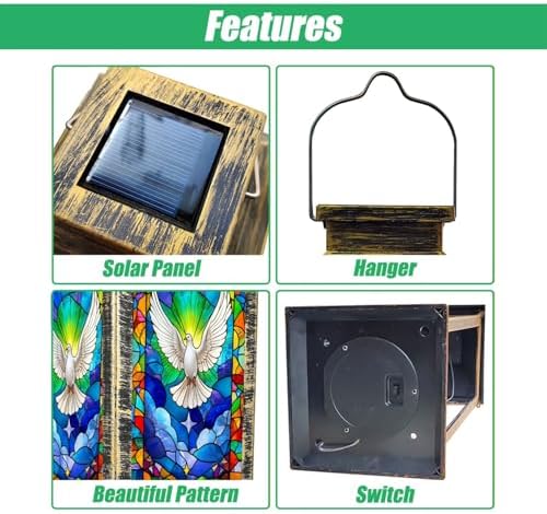 Solar Lantern Vibrant Stained Glass Dove Radiant Colors Abstract Design Garden Hanging Lantern Waterproof Solar Powered Lighting Outdoor Table Lamp for Deck Yard Camping Patio Christian Decor - Image 3