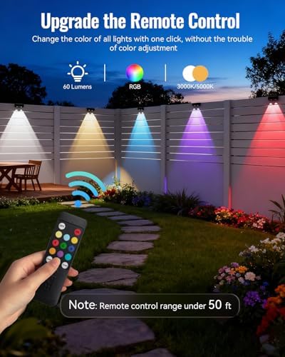 Solar Fence Lights with Remote 12 Pack, 9 Fixed Colors 12 Modes, Fence Lights Solar Powered Outdoor Waterproof, Warm/Cool White, RGB LED Deck Lights for Step/Yard/Railing/Balcony/Patio/Stairs/Outside - Image 3