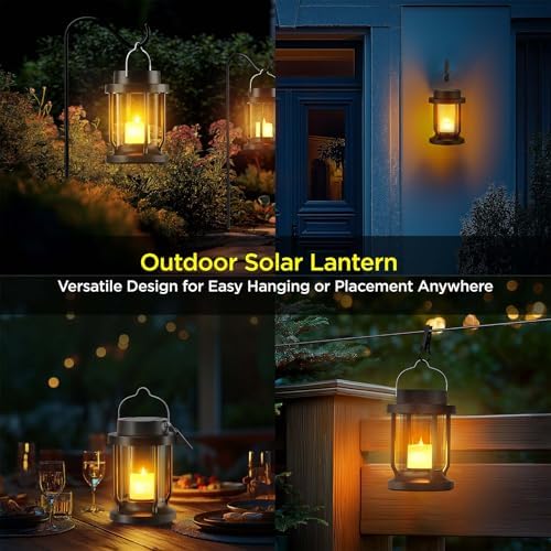 Solar Lantern Outdoor & Indoor Use – Hanging Solar Lights with Realistic Flickering Flameless Candle, Weatherproof for Gardens, Patios, Trees, and Lawns (Black, 4 Pack) - Image 5
