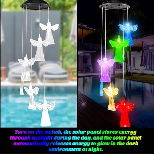 Baquler 4 Pcs Solar Wind Chimes for Outside Hummingbird Angel Butterfly Dragonfly Waterproof Hanging Solar Lights for Patio Garden Yard Porch Outside Gifts for Mom Grandma Women - Image 2