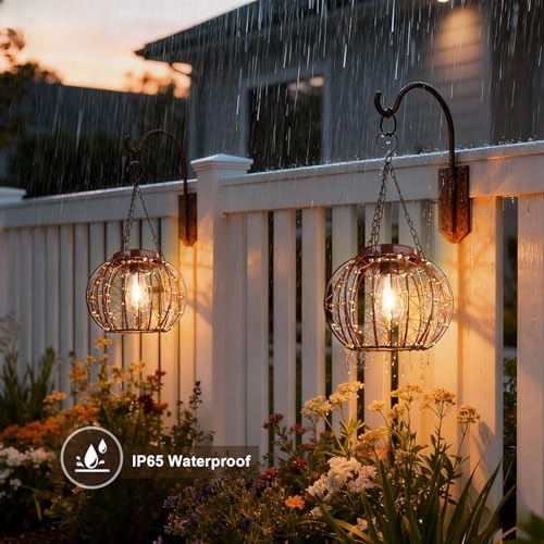 Hanging Solar Lanterns Outdoor Waterproof, Vintage Copper Hanging Lights, Solar Chandelier for Yard Garden Gazebo Pergola Porch Decor, 2 Pack - Image 6
