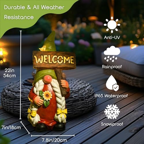 22" Solar Large Gnome Lady Garden Statue Big Female Gnome with Welcome Sign Outdoor Decor with LED Lights Home Porch Yard Patio Lawn Ornament Christmas Housewarming Gardening Gift - Image 3