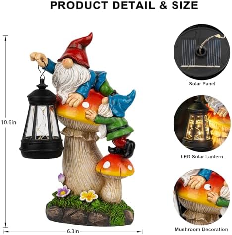 C&Y&G&X Solar Garden Gnome Statue with Lantern, Waterproof Mushroom Garden Decor, Resin Gnome Yard Art with Solar LED Lights for Outdoor Lawn Patio Porch, Gifts for Mom Grandma Garden Lovers - Image 3