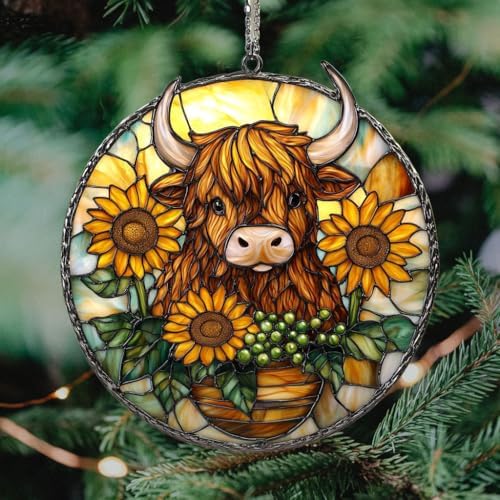 Mosaic Sunflower and Highland Cow Acrylic Suncatcher - Image 4
