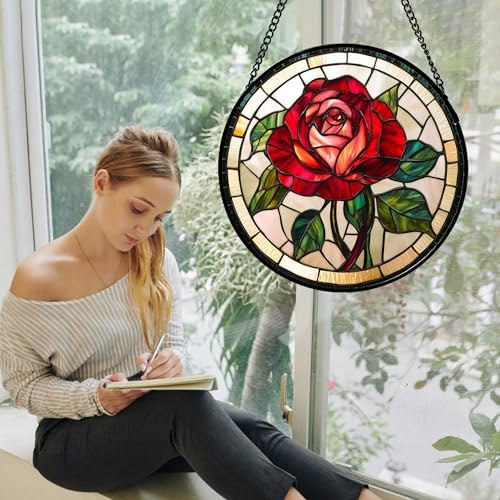 CHATYOUNG Stained Glass Window Hanging Red Rose Large 15" - Suncatcher Door Garden Sun Catcher Decor Birthday Valentine's Day Christmas for Men Woman Boy Kids Mom Nana Grandma - Image 5