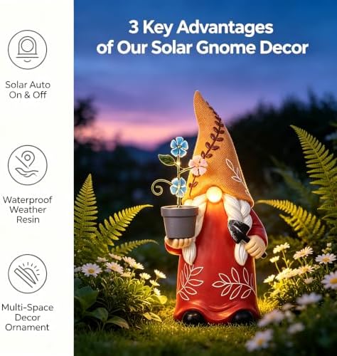 Gnome Solar Light Statue with Flower Resin Outdoor Garden Patio Decor Gift - Image 4