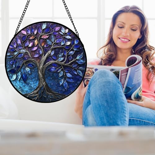 Blue Purple Tree of Life Stained Glass Window Hanging Suncatcher Gift 15" - Image 4