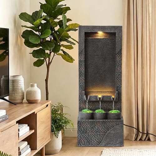 Grepatio 39" Tall Outdoor Water Fountain, Indoor Water Feature Cascading Wall with 5 LED Lights, Large Outside Resin Wtaerfall Fountains for Garden, Yard Patio Home Decor, Natural Stone Look, Gray - Image 6