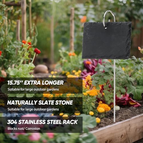 Colingmill 12 Sets Plant Labels Slate Plant Tags Garden Sign Marker Weatherproof Reusable Natural Slate Garden Sign Hanging Tag with Metal Stake and Pen for Outdoor Flower Vegetable(Rectangle) - Image 3
