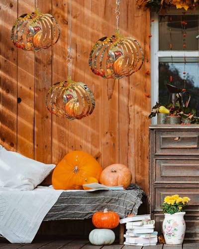 Fall Wind Spinners for Yard and Garden Bird Pumpkin Wind Spinner Sunflower Maple Leaves 3D Metal Stainless Steel Pumpkin Wind Sculptures Chimes Outdoor Patio Thanksgiving Hanging Decor 12 Inch - Image 3