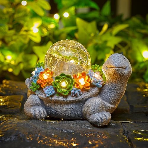 Brightown-Solar-Turtle-Garden-Decor-Statue with 5 Succulent LED Lights, Hand-Painted Resin, IP65 Waterproof Outdoor Decor for Patio, Balcony & Yard Decorations, Unique Mothers Day Gifts for Mom by Brightown