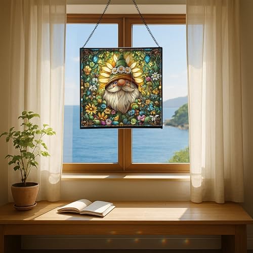 Daisy Crown Gnome Stained Glass Suncatcher – Square Hanging Window Panel for Home or Greenhouse – Whimsical Glass Art Gift for Garden Lovers, Christmas, Halloween, Father Days gdSmuZ - Image 6