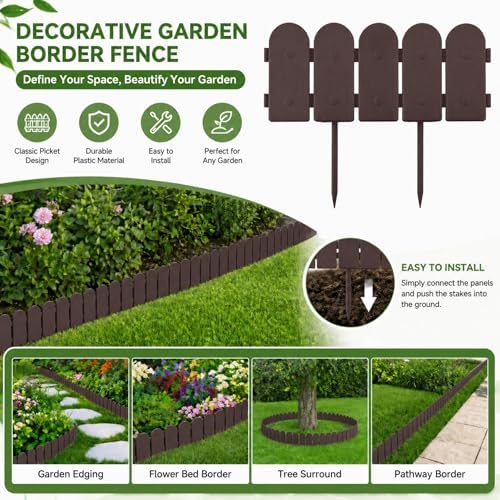 Evelyne Garden Border Plastic Edging: Wooden Fence Design - 8pcs Brown Yard Landscaping Fence Liner Lawn Edge Barrier - 10ft Kit of Decorative Lawn Panels Elements -Landscaping Edging-GMT-10374-A08 - Image 2