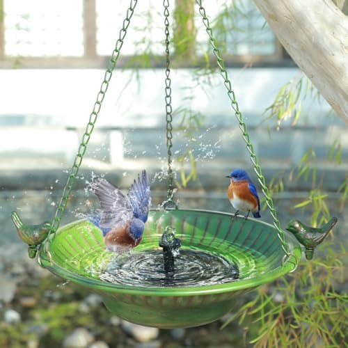 13" Hanging Bird Bath with Solar Fountain,Metal Solar Bird Bath (Green) - Image 2