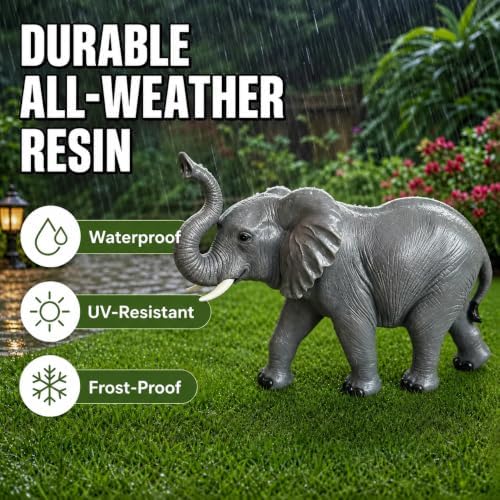 Resin Elephant Statue Outdoor Garden Decor, Grey Weatherproof Sculpture - Image 3