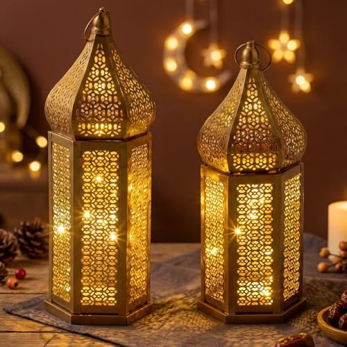 Set of 2 Ramadan Lanterns Eid Decorations 16" 14" LED Large Candle Lantern Vintage Gold Metal Moroccan Lanterns with Lights Ramadan Decor for Table, Wall, Patio, Porch, Indoor Outdoor Home - Image 3