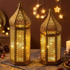 Set of 2 Ramadan Lanterns Eid Decorations 16" 14" LED Large Candle Lantern Vintage Gold Metal Moroccan Lanterns with Lights Ramadan Decor for Table, Wall, Patio, Porch, Indoor Outdoor Home - Image 3