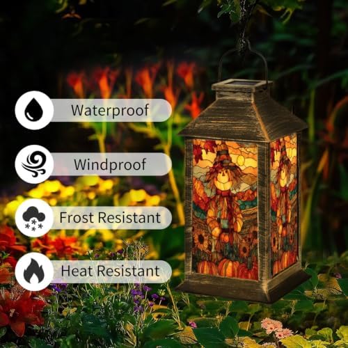 Fall Solar Lantern Autumn Harvest Stained Glass Suncatcher Scarecrow Sunflowers Waterproof Outdoor Hanging Lantern, Solar Powered Garden Light for Patio Yard Camping, Halloween Gift - Image 3