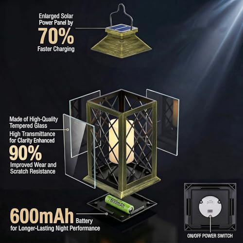 2 Pack 14'' Large Tempered Glass Solar Lanterns Outdoor Waterproof - Image 4