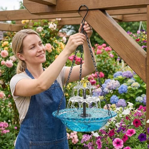 Solar Hanging Bird Bath Fountain, Solar Powered Cascading Outdoor Water Fountain, with Solars Pump, Outdoors Decor Hummingbird Bath Shower Bowl Kit Garden Gift Yard Patio Backyard Decoration (Blue) - Image 5