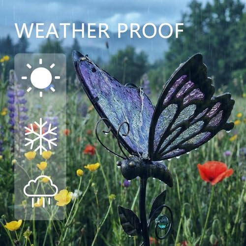 Solar Butterfly Garden Stake Light, Hand-Painted Pink Glass, 36in - Image 2