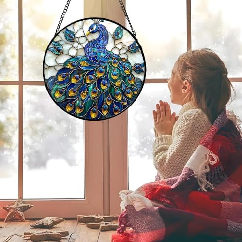 Blue Peacock Stained Glass Window Hanging Suncatcher Gifts for Women 15" - Image 2
