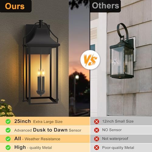 25IN Dusk to Dawn Outdoor Wall Sconce, 3-E12 Base Porch Light - Image 3