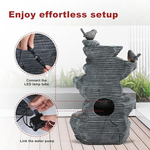 5 Tiers Garden Fountain Outdoor, 26.4" Rock Waterfall Feature with 4 LED Lights, Modern Resin Fountain Freestanding with Pump and Dicky Bird for Indoor and Porch Patio, Home Art Decor, Grey - Image 6