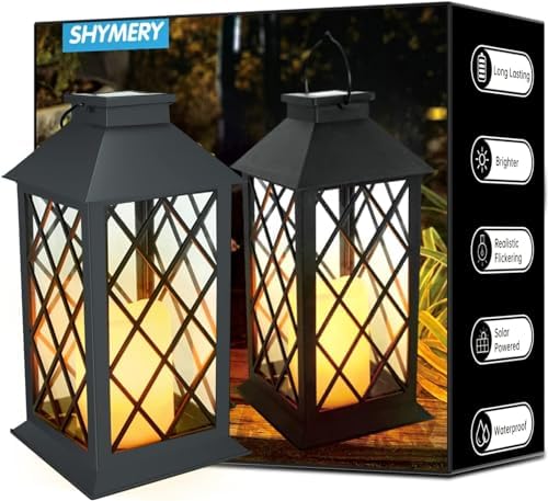 SHYMERY Solar Lanterns Outdoor Waterproof, 14 Inch Outdoor Lanterns with LED Flickering Flameless Candles,2 Pack Hanging Black Lantern Decorative for Patio,Front Porch,Balcony,Outside,Table Decor by SHYMERY