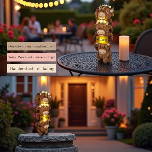 12 Inch Highland Cow Garden Statue Solar Outdoor Decor for Yard Patio Porch - Image 3
